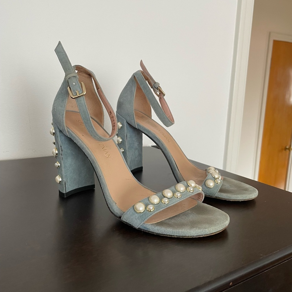 Elegant baby blue Pearl-Embellished Heels